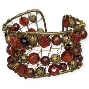 Beaded Gold-Tone Wire Cuff Bracelet with Red and Amber Beads One Size Fits Most